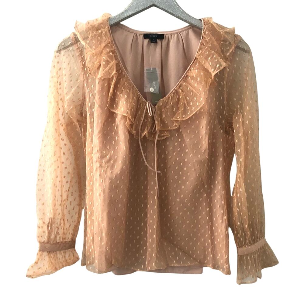 J. Crew Ruffleneck Top in Clip Dot Blouse in Bronzed Clay NEW